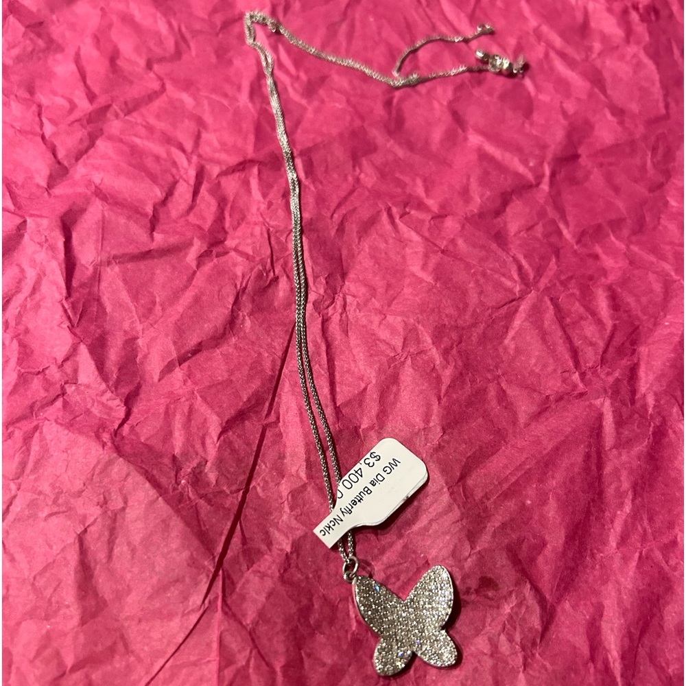 White gold diamond butterfly necklace NWT